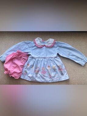 Charming Mary Light Blue Nutcracker Print Long-Sleeve Dress with Pink Bloomers